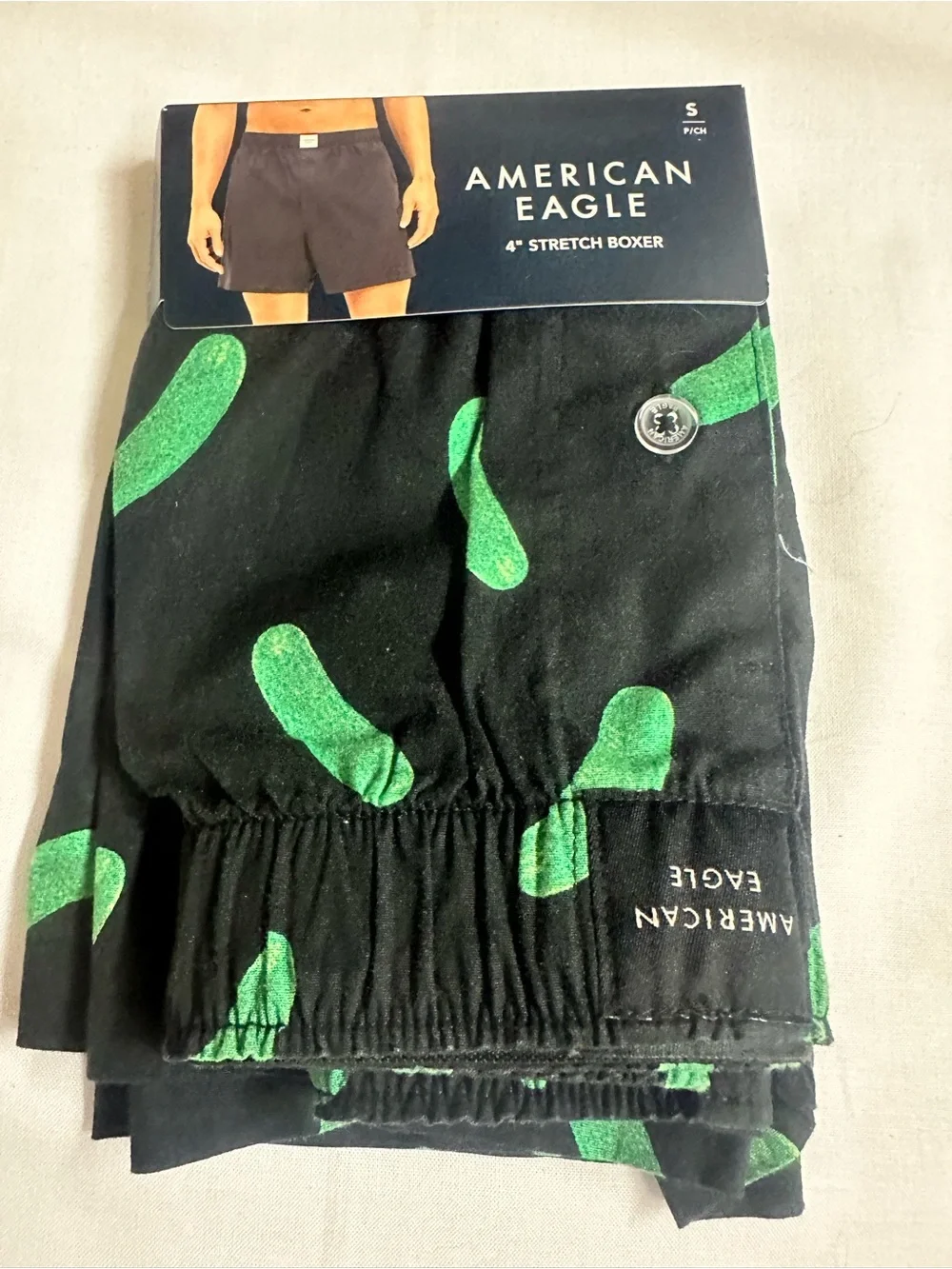 American Eagle Black Boxers with Green Pickle Print